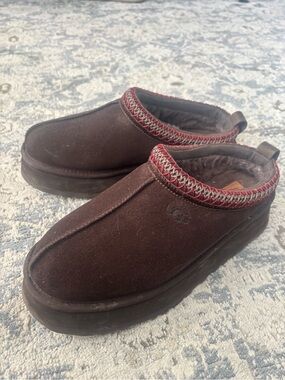 UGG Women's Dark Brown Suede Slip-On Mules with Red Trim